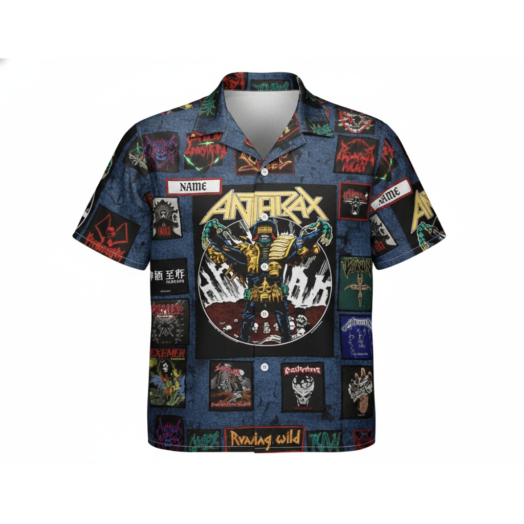 Anthrax Denim Patch Hawaiian Shirt Blue Metal Band Style