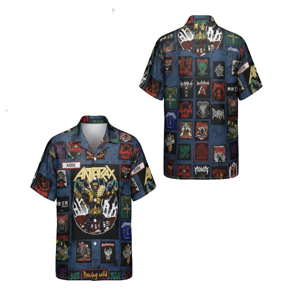 Anthrax Denim Patch Hawaiian Shirt Blue Metal Band Style