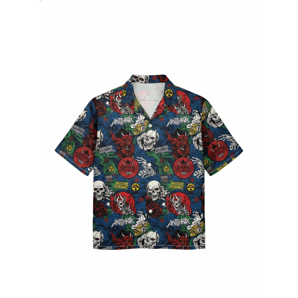 Anthrax Nuclear Assault Skull Hawaiian Shirt Blue