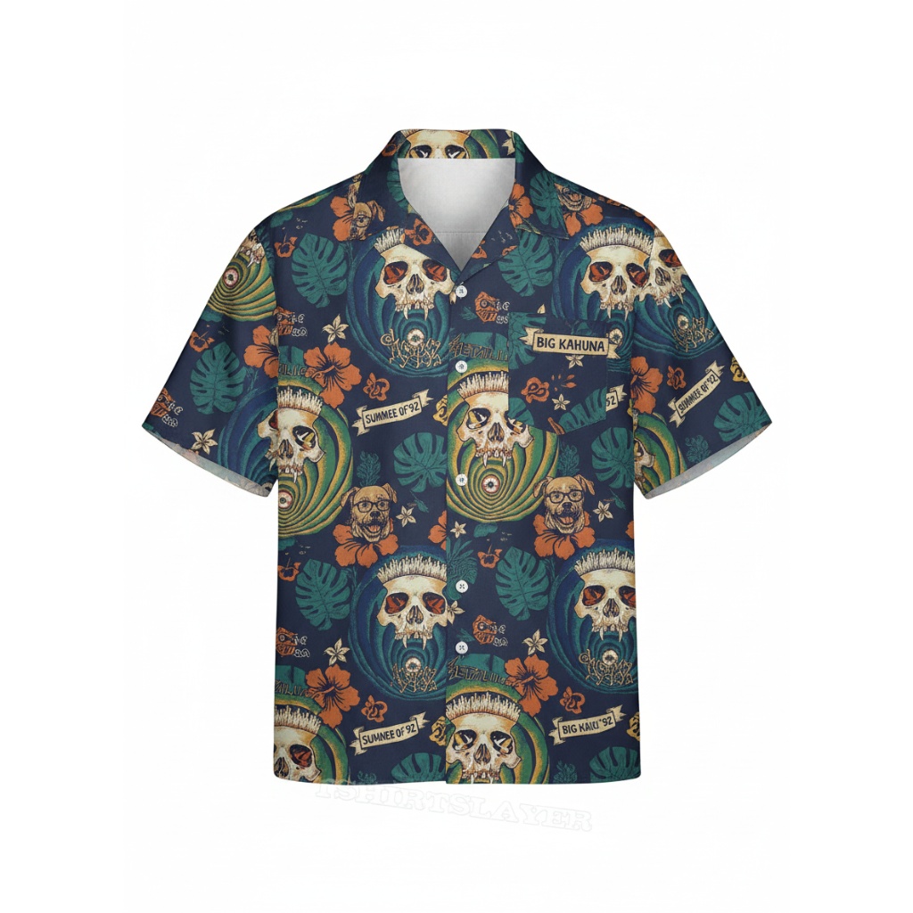 Big Kahuna Skull Print Navy Blue Hawaiian Shirt Summer Vibe
