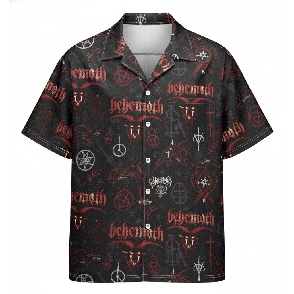 Black Behemoth Graphic Print Button Up Shirt