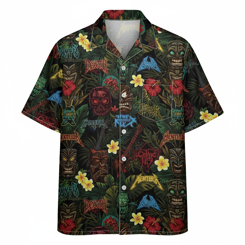 Black Hawaiian Shirt Tiki Skull Metal Band Design
