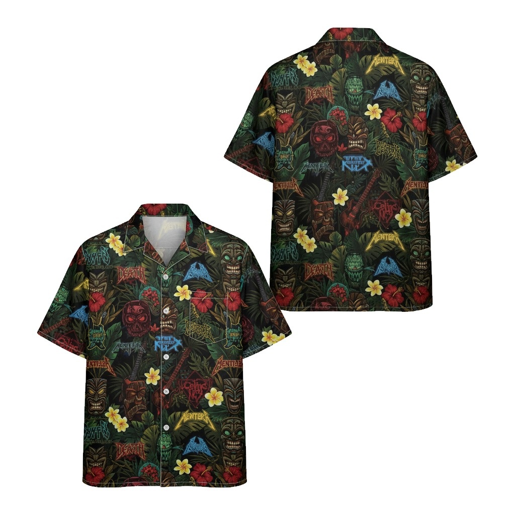 Black Hawaiian Shirt Tiki Skull Metal Band Design
