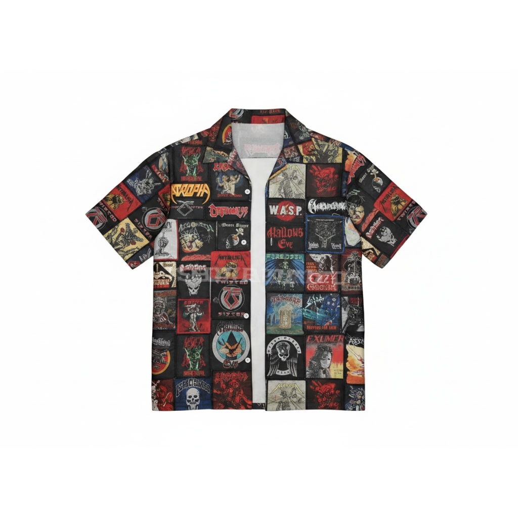 Black Heavy Metal Band Collage Short Sleeve Button Up Shirt