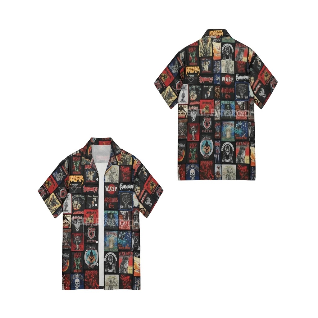 Black Heavy Metal Band Collage Short Sleeve Button Up Shirt