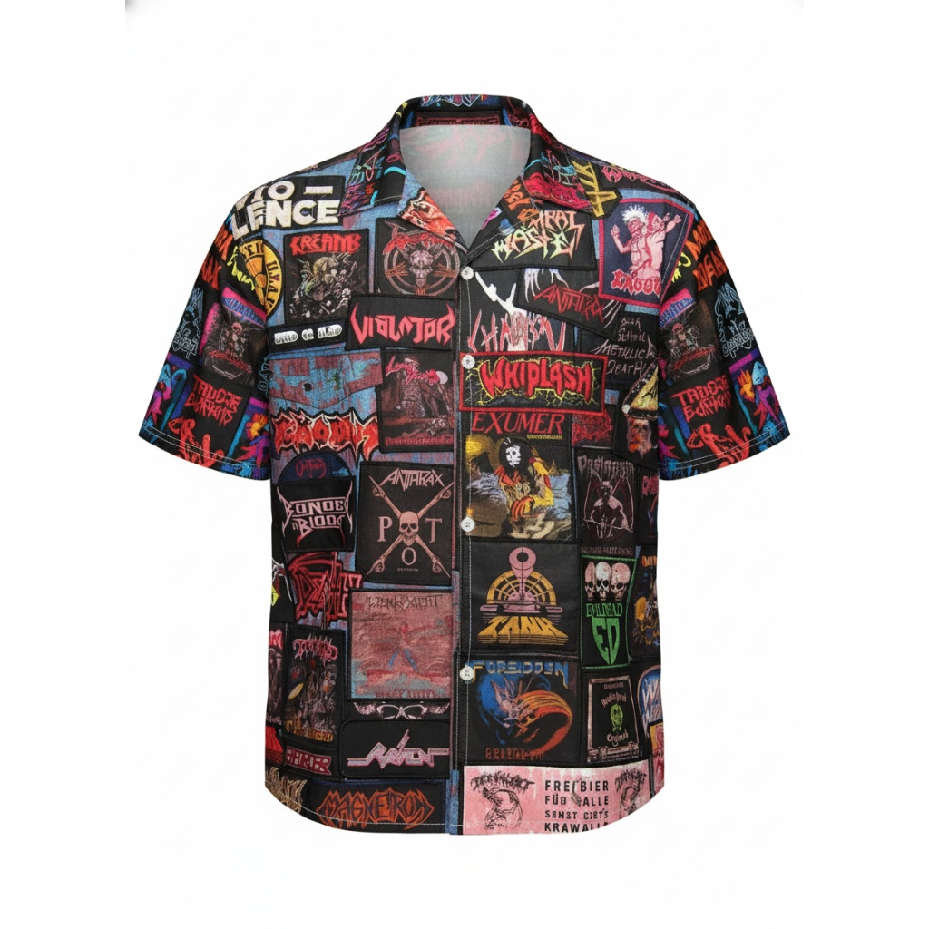 Black Heavy Metal Band Patch Hawaiian Shirt Vintage Style