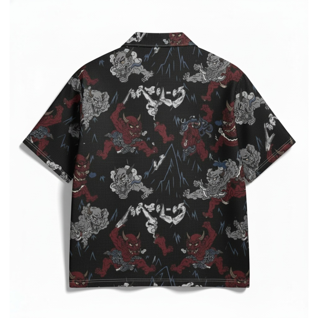 Black Japanese Oni Demon Print Short Sleeve Shirt Black Japanese Oni Demon Print Short Sleeve Shirt
