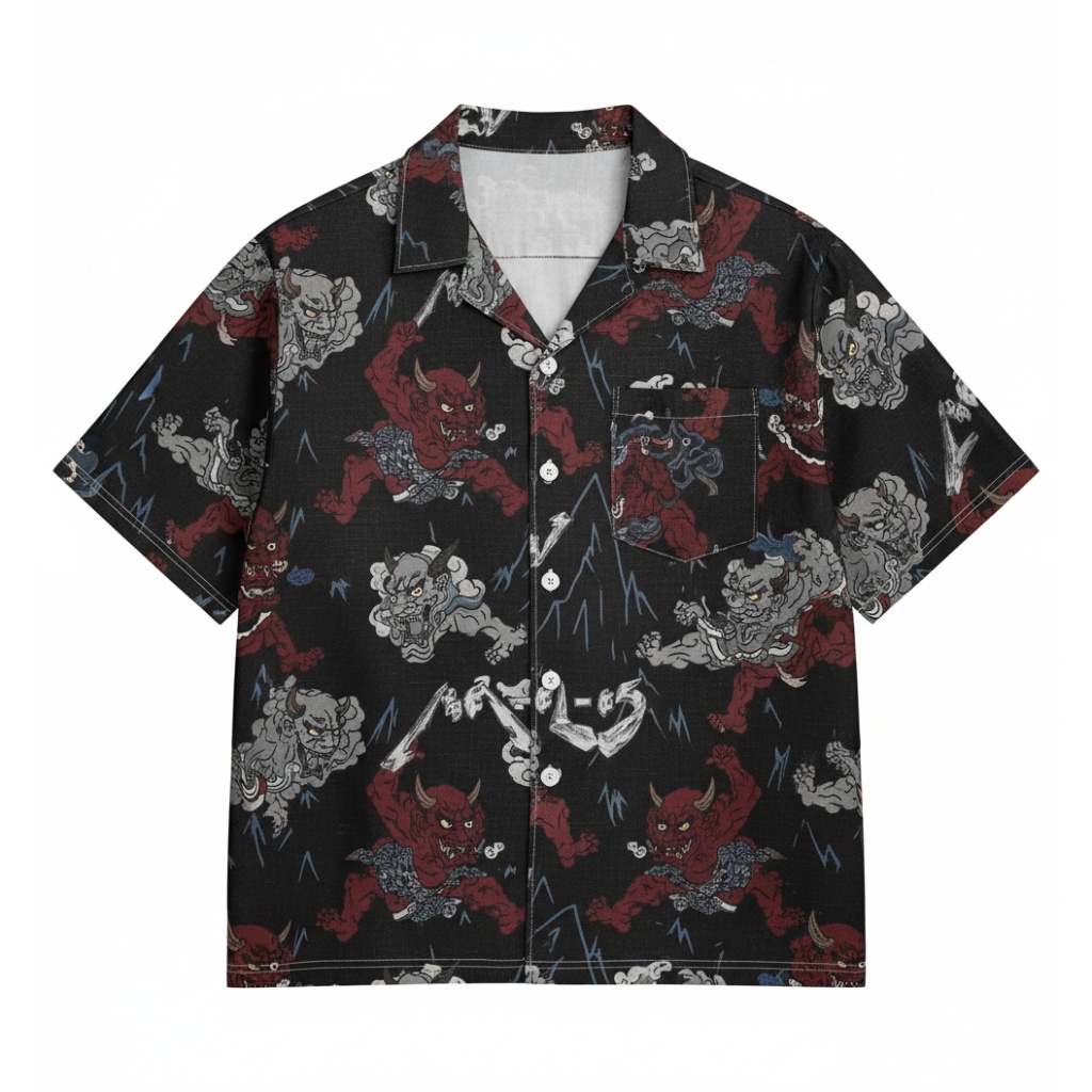 Black Japanese Oni Demon Print Short Sleeve Shirt
