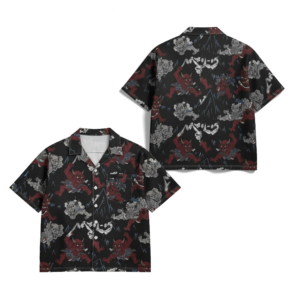 Black Japanese Oni Demon Print Short Sleeve Shirt