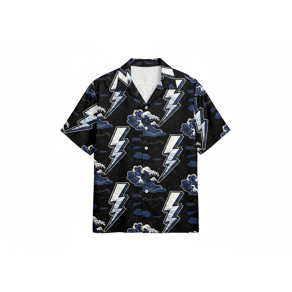 Black Lightning Wave Print Short Sleeve Button Up Shirt