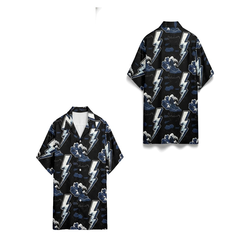 Black Lightning Wave Print Short Sleeve Button Up Shirt