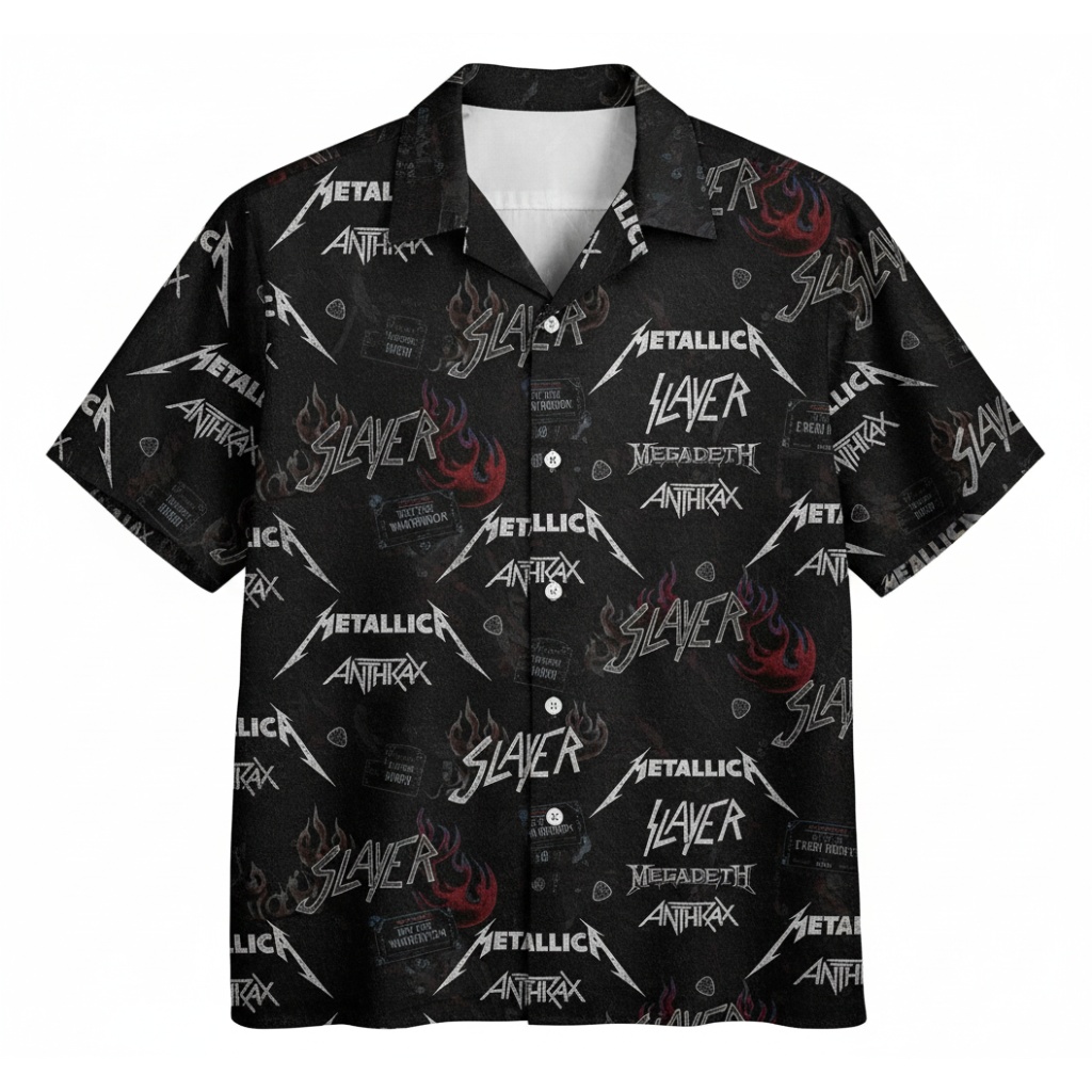 Black Metal Band Graphic Print Short Sleeve Button Up Shirt