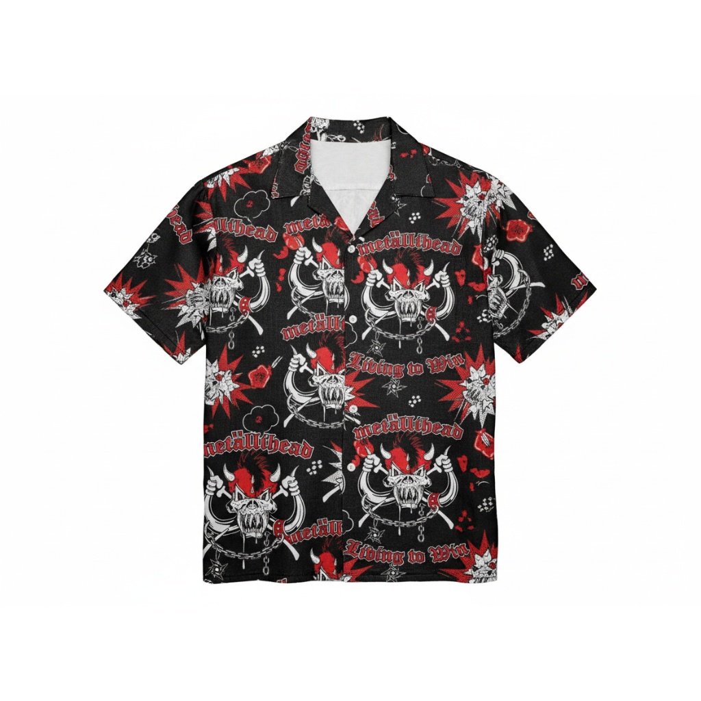 Black Metalhead Skull Print Hawaiian Shirt Rock Style