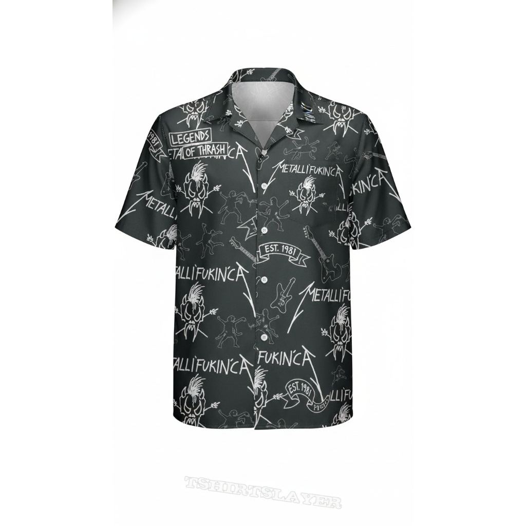 Black Metallica Graphic Print Short Sleeve Button Up Shirt