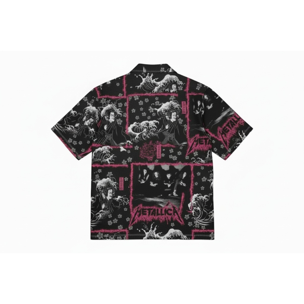 Black Metallica Japanese Wave Graphic Button Up Shirt Black Metallica Japanese Wave Graphic Button Up Shirt
