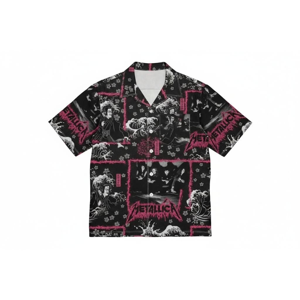 Black Metallica Japanese Wave Graphic Button Up Shirt