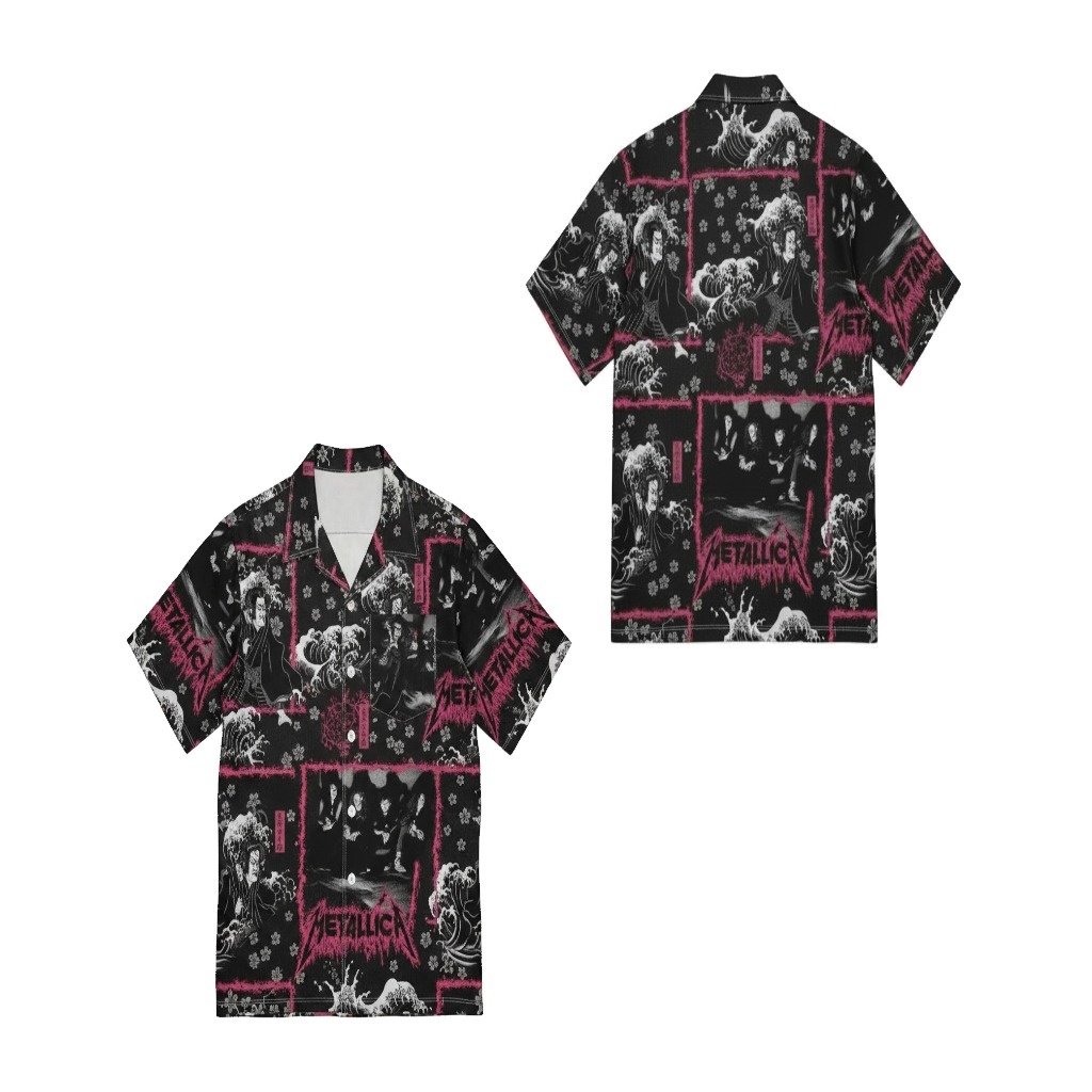 Black Metallica Japanese Wave Graphic Button Up Shirt Black Metallica Japanese Wave Graphic Button Up Shirt