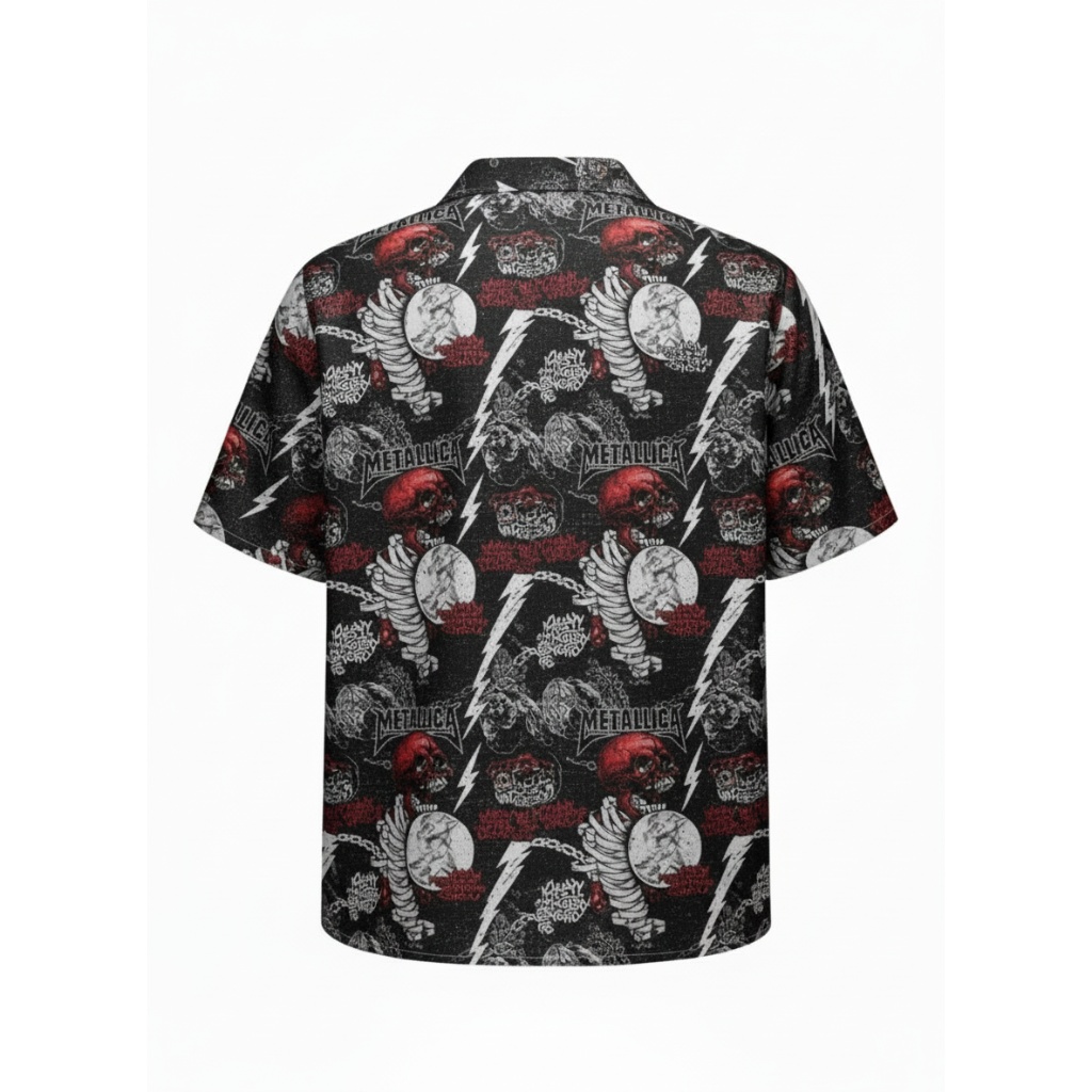 Black Metallica Skull Lightning Print Button Up Shirt Men Black Metallica Skull Lightning Print Button Up Shirt Men