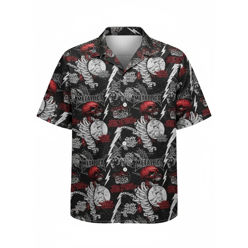 Black Metallica Skull Lightning Print Button Up Shirt Men