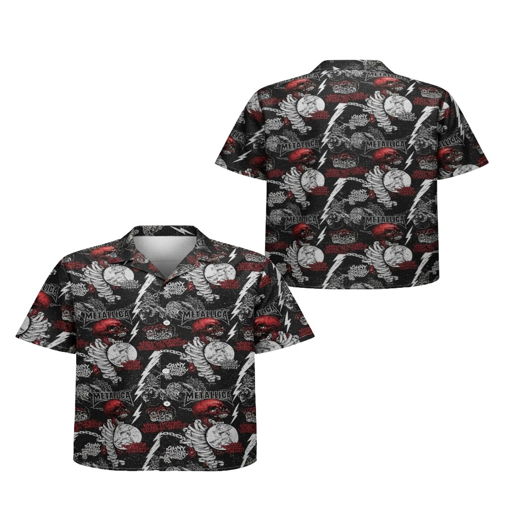 Black Metallica Skull Lightning Print Button Up Shirt Men Black Metallica Skull Lightning Print Button Up Shirt Men