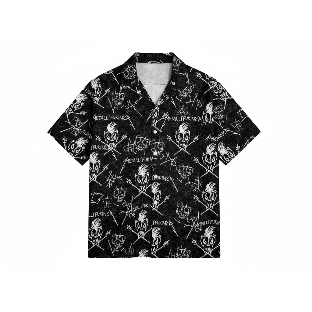 Black Metallica Skull Print Short Sleeve Button Up Shirt