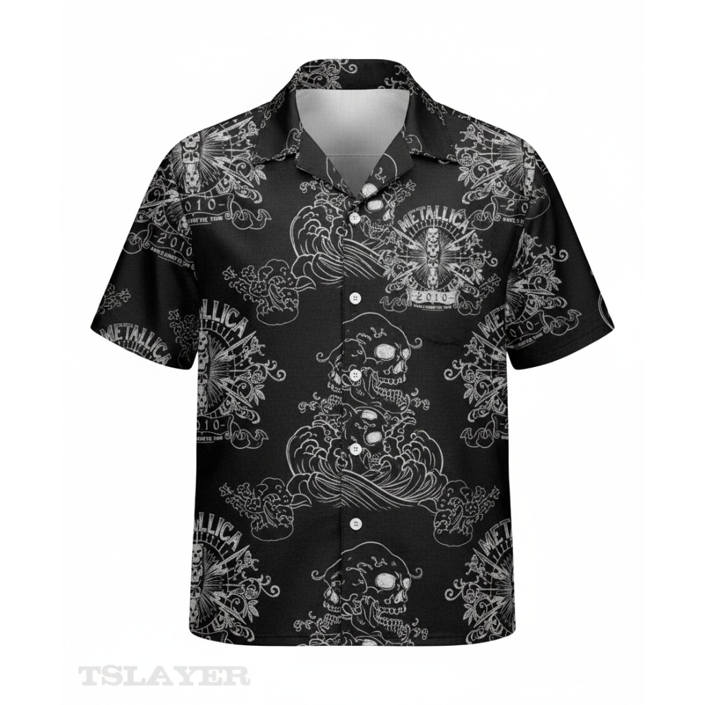 Black Metallica Skull Print Short Sleeve Button Up Shirt