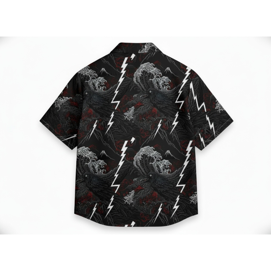 Black Raven Wave Lightning Print Button Up Shirt Black Raven Wave Lightning Print Button Up Shirt