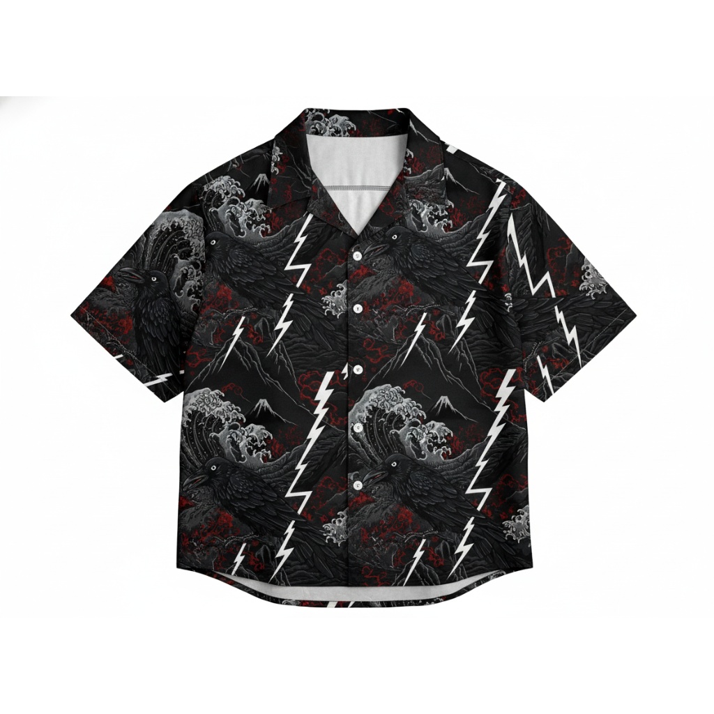 Black Raven Wave Lightning Print Button Up Shirt