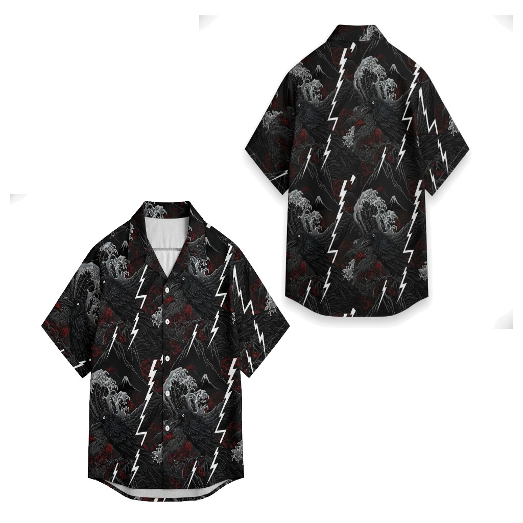 Black Raven Wave Lightning Print Button Up Shirt Black Raven Wave Lightning Print Button Up Shirt