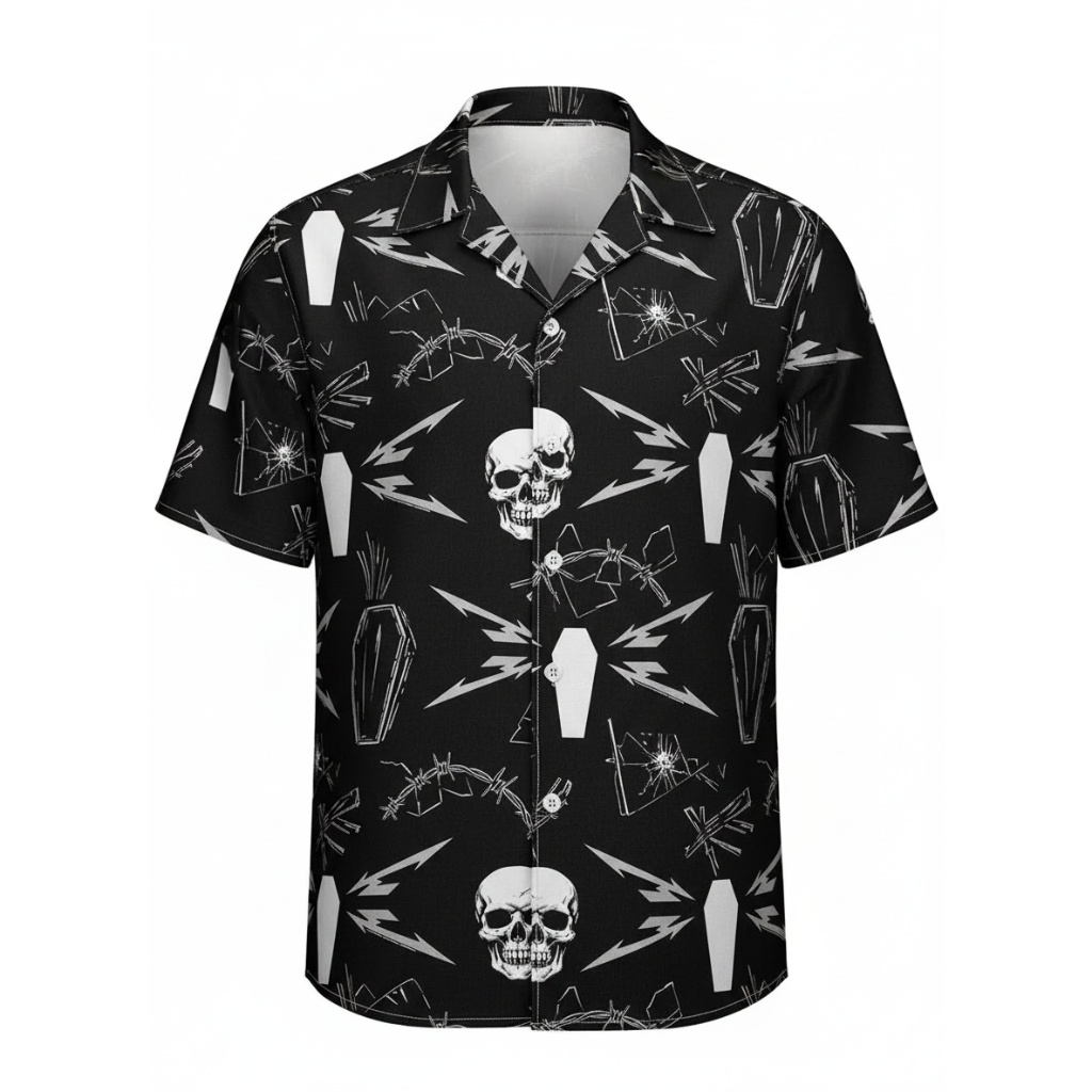 Black Skull Coffin Lightning Bolt Hawaiian Shirt