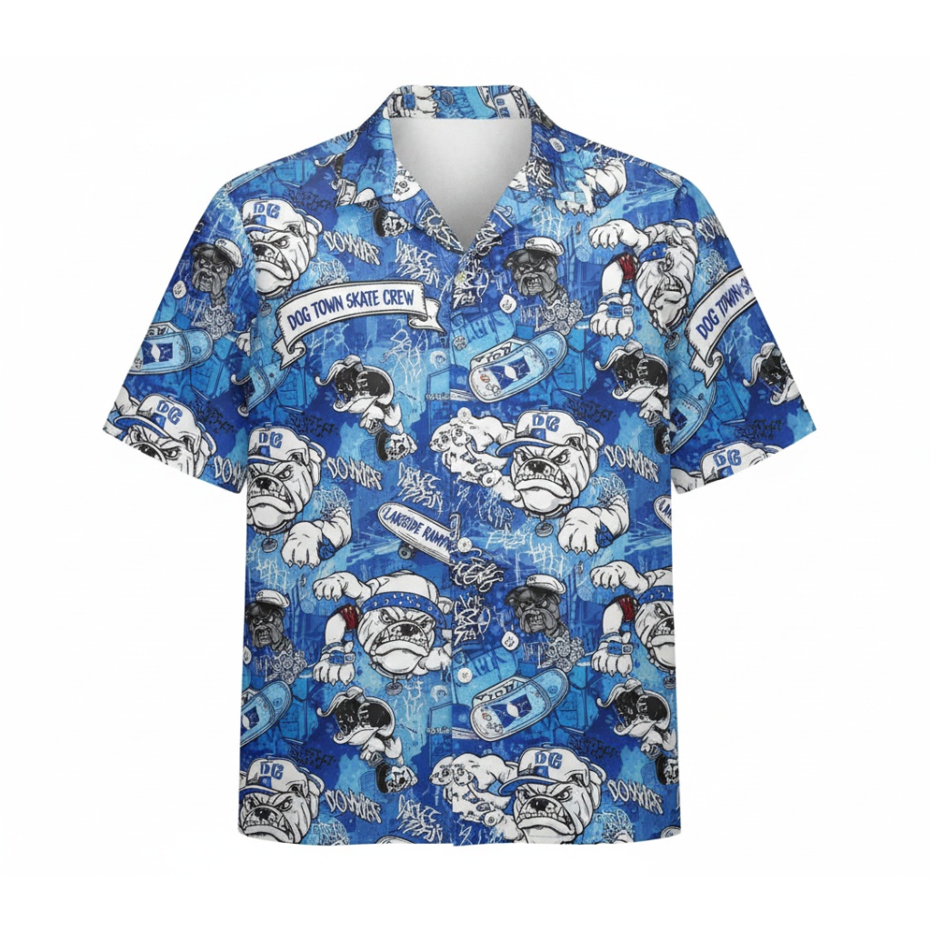 Blue Bulldog Skate Hawaiian Shirt Dog Town Print
