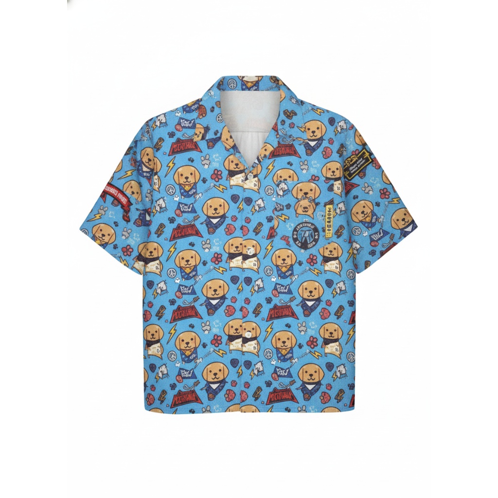 Blue Cartoon Puppy Print Button Up Shirt Fun Casual Style