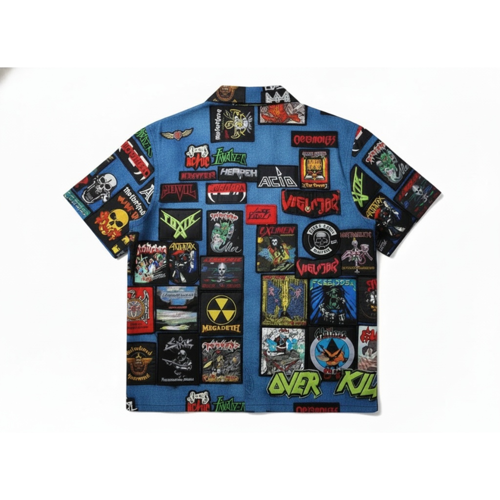 Blue Denim Metal Band Patch Print Short Sleeve Shirt Blue Denim Metal Band Patch Print Short Sleeve Shirt