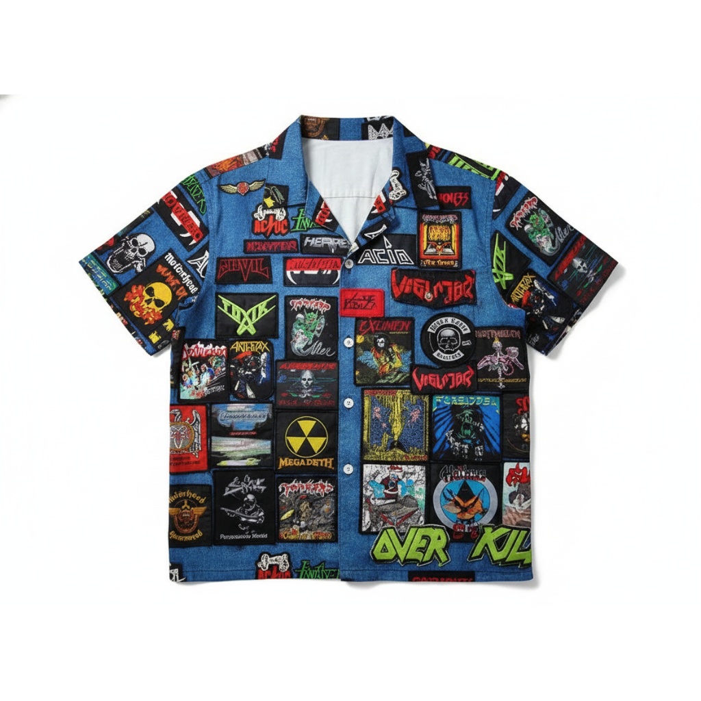 Blue Denim Metal Band Patch Print Short Sleeve Shirt