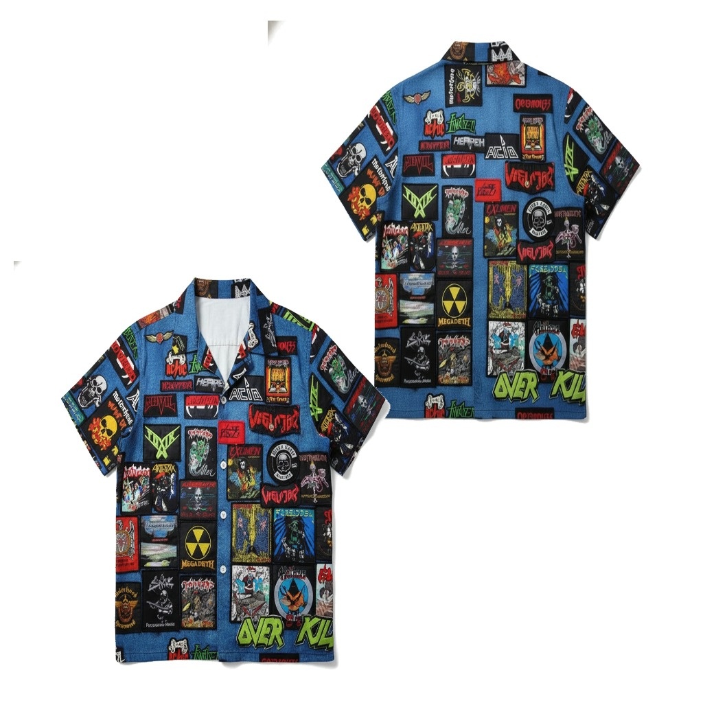 Blue Denim Metal Band Patch Print Short Sleeve Shirt Blue Denim Metal Band Patch Print Short Sleeve Shirt