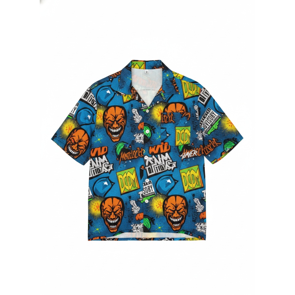 Blue Graphic Print Button Up Shirt Men Anime Style