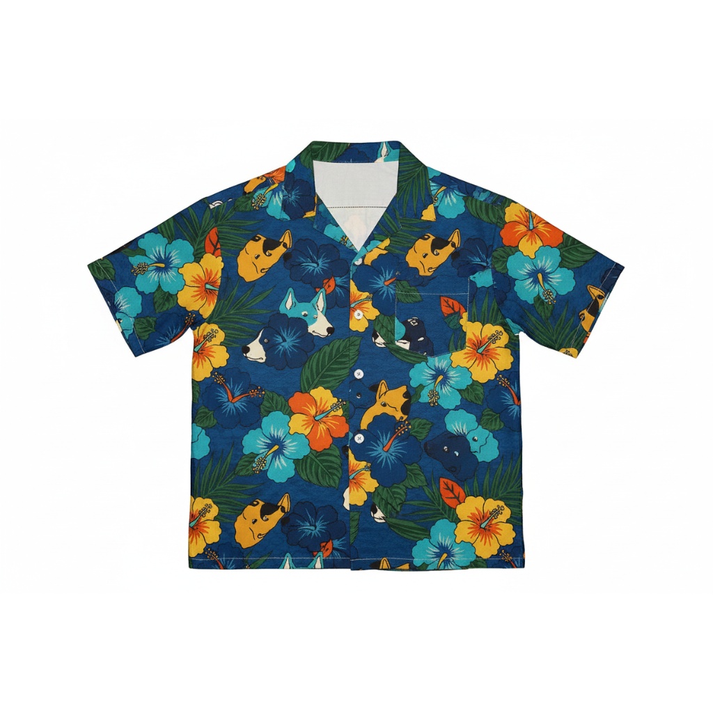Blue Hawaiian Shirt Dog Floral Print Summer Style