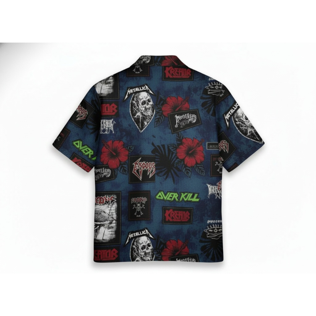 Blue Hawaiian Shirt Heavy Metal Band Patches Skull Design Blue Hawaiian Shirt Heavy Metal Band Patches Skull Design