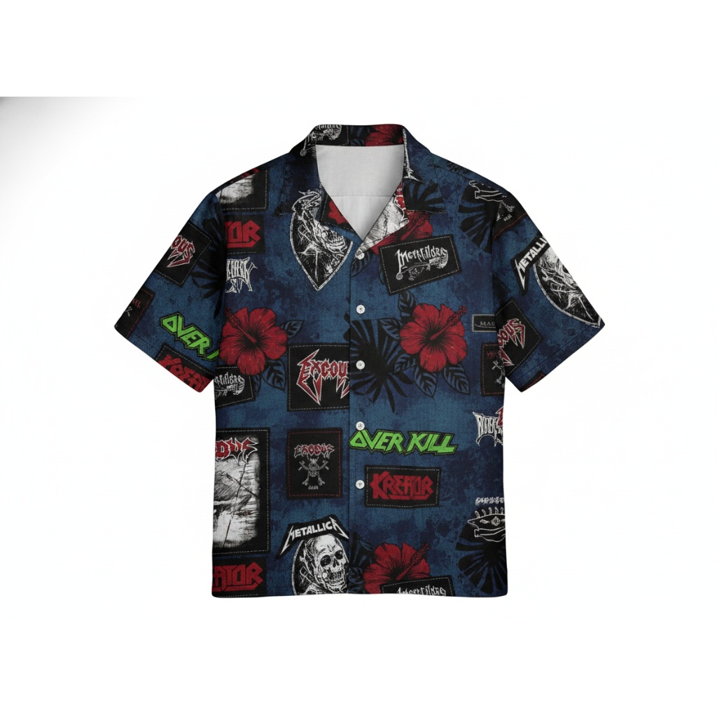 Blue Hawaiian Shirt Heavy Metal Band Patches Skull Design