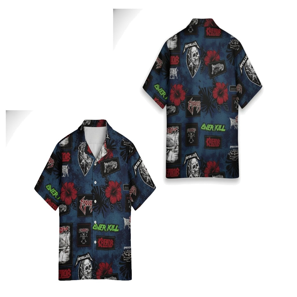 Blue Hawaiian Shirt Heavy Metal Band Patches Skull Design Blue Hawaiian Shirt Heavy Metal Band Patches Skull Design