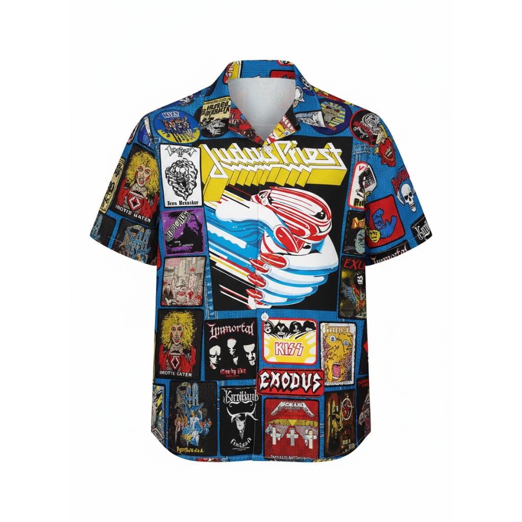 Blue Heavy Metal Band Collage Button Up Shirt