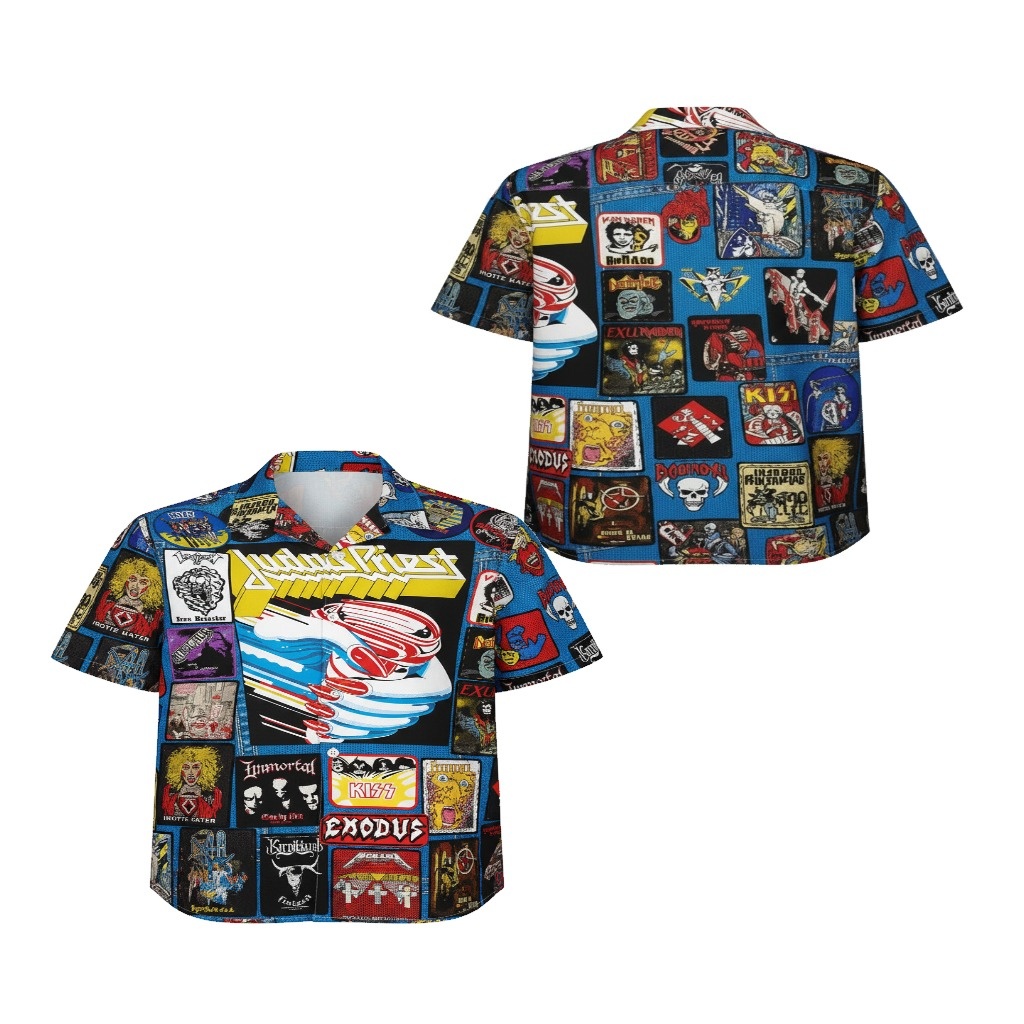 Blue Heavy Metal Band Collage Button Up Shirt Blue Heavy Metal Band Collage Button Up Shirt