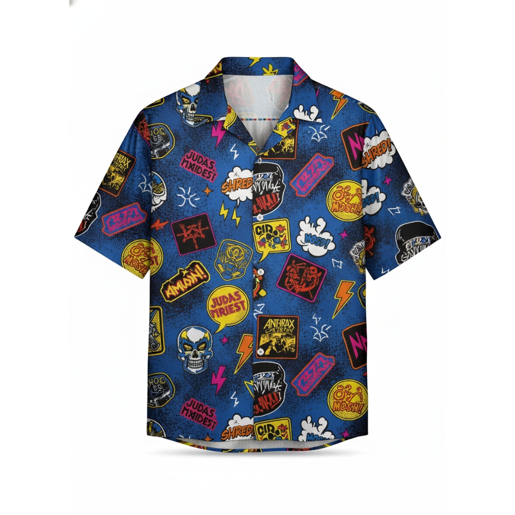 Blue Heavy Metal Band Graphic Button Up Shirt