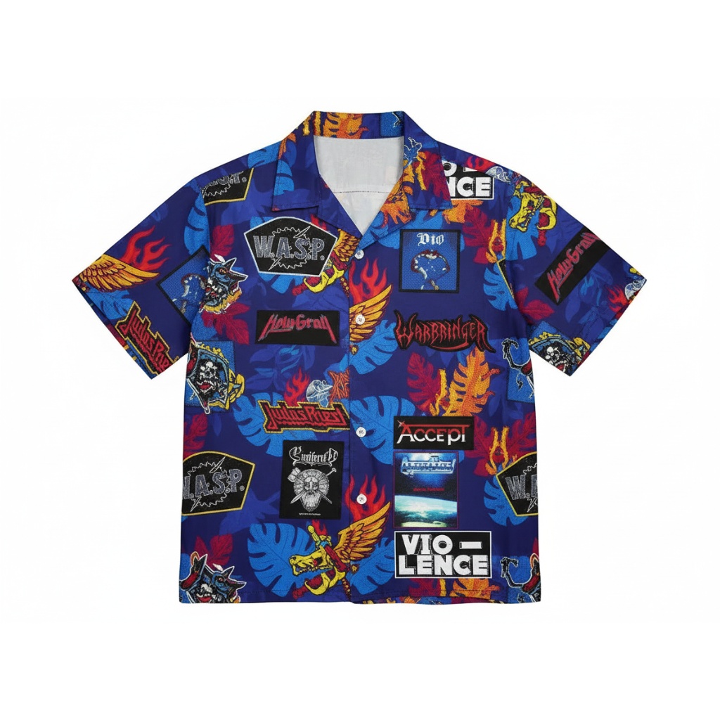Blue Heavy Metal Band Print Short Sleeve Button Up Shirt