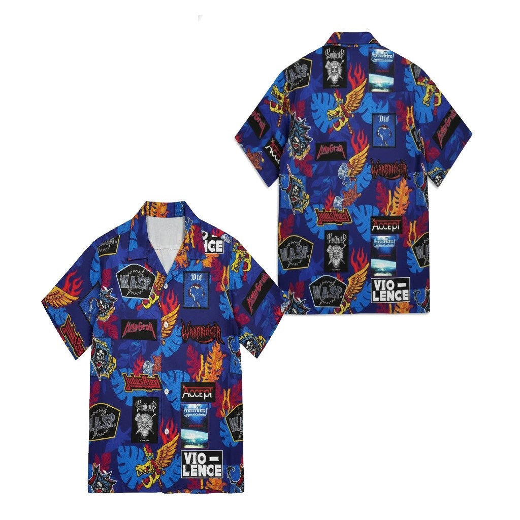 Blue Heavy Metal Band Print Short Sleeve Button Up Shirt Blue Heavy Metal Band Print Short Sleeve Button Up Shirt