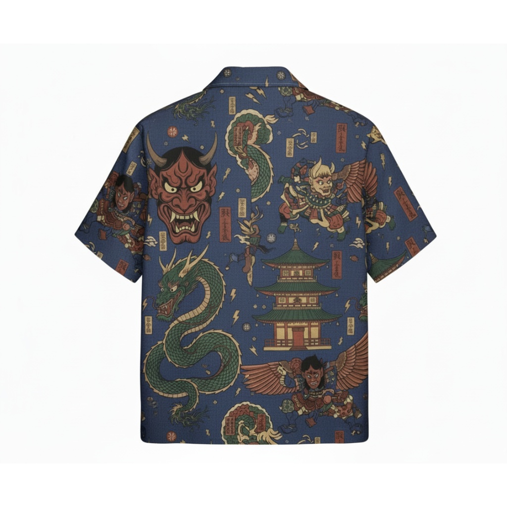 Blue Japanese Oni Dragon Print Button Up Shirt Blue Japanese Oni Dragon Print Button Up Shirt