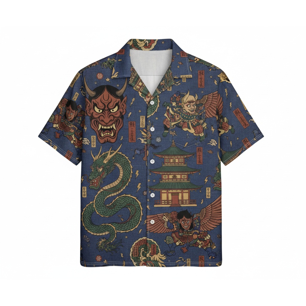 Blue Japanese Oni Dragon Print Button Up Shirt