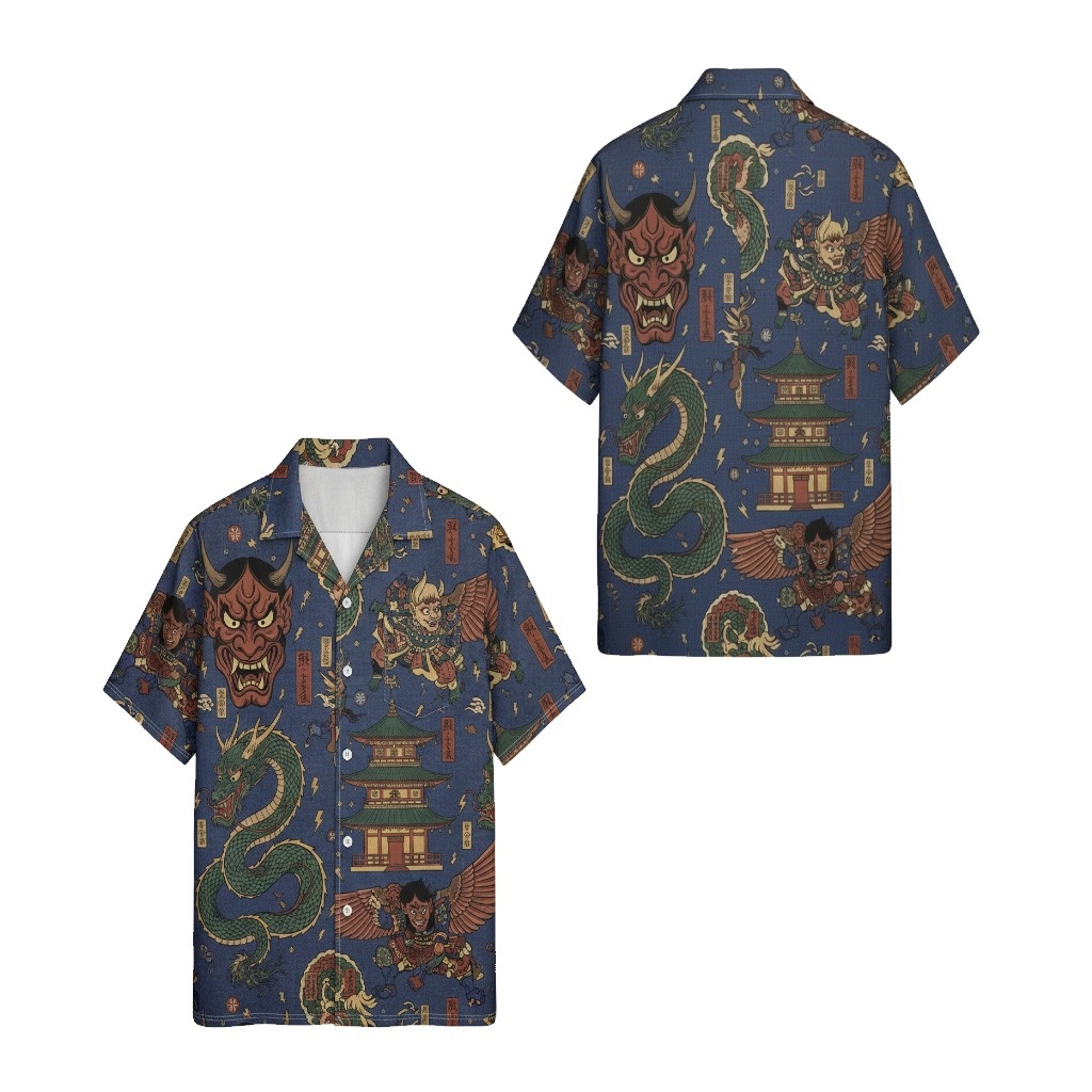 Blue Japanese Oni Dragon Print Button Up Shirt Blue Japanese Oni Dragon Print Button Up Shirt