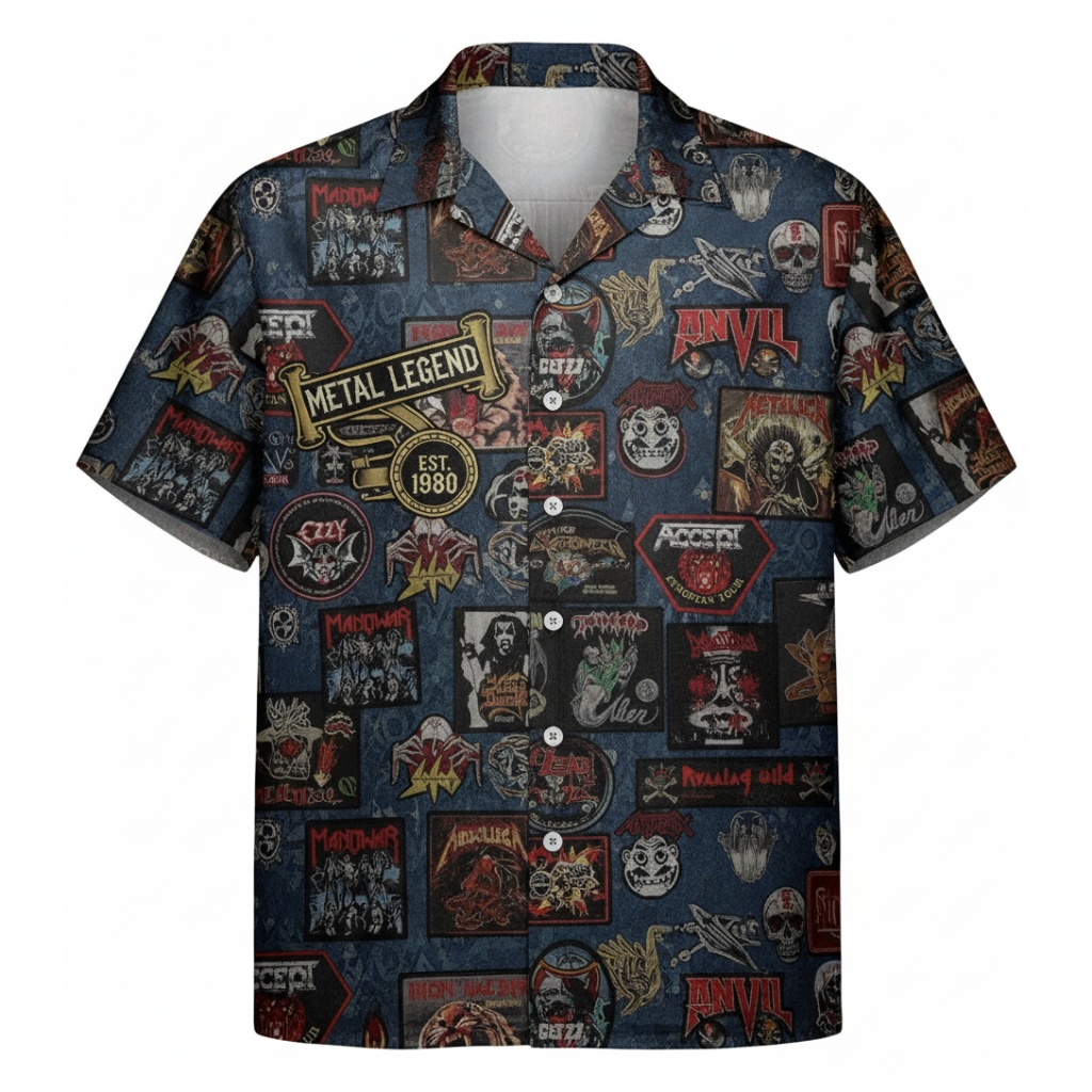Blue Metal Legend Patch Hawaiian Shirt Vintage Rock Style