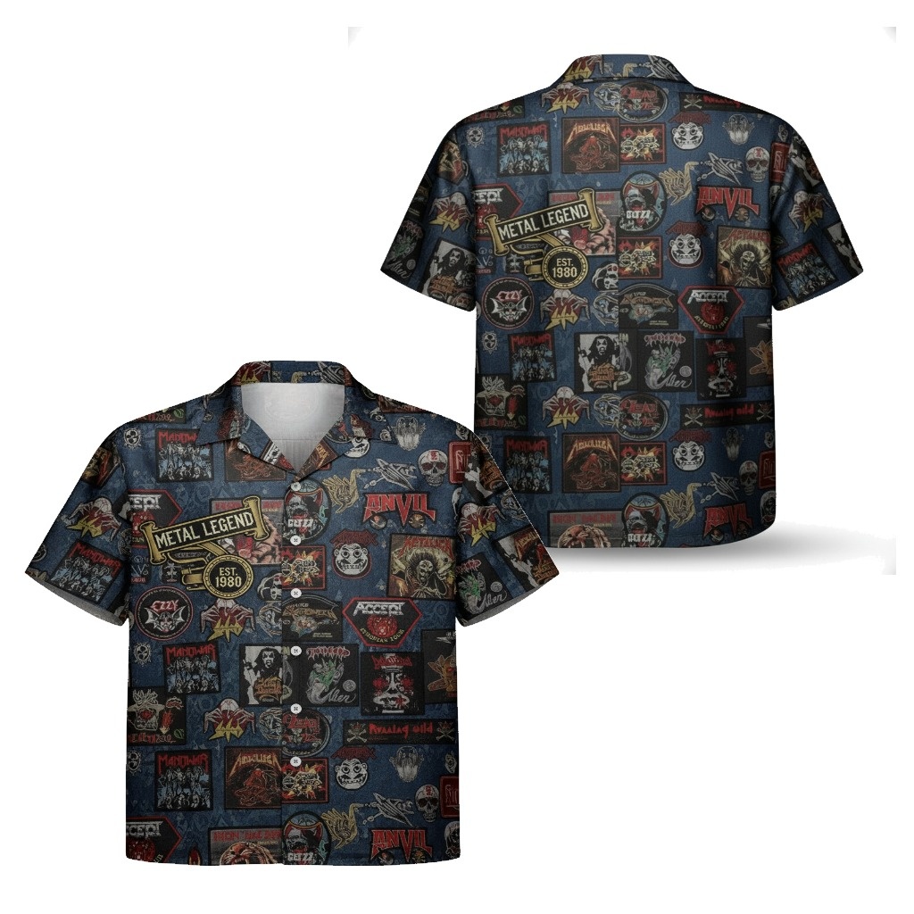 Blue Metal Legend Patch Hawaiian Shirt Vintage Rock Style Blue Metal Legend Patch Hawaiian Shirt Vintage Rock Style
